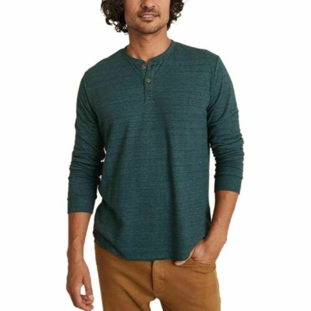 MARINE LAYER MEN'S DOUBLE KNIT HENLEY SHIRT ASSORTED SIZES PINE/NAVY STRIPE